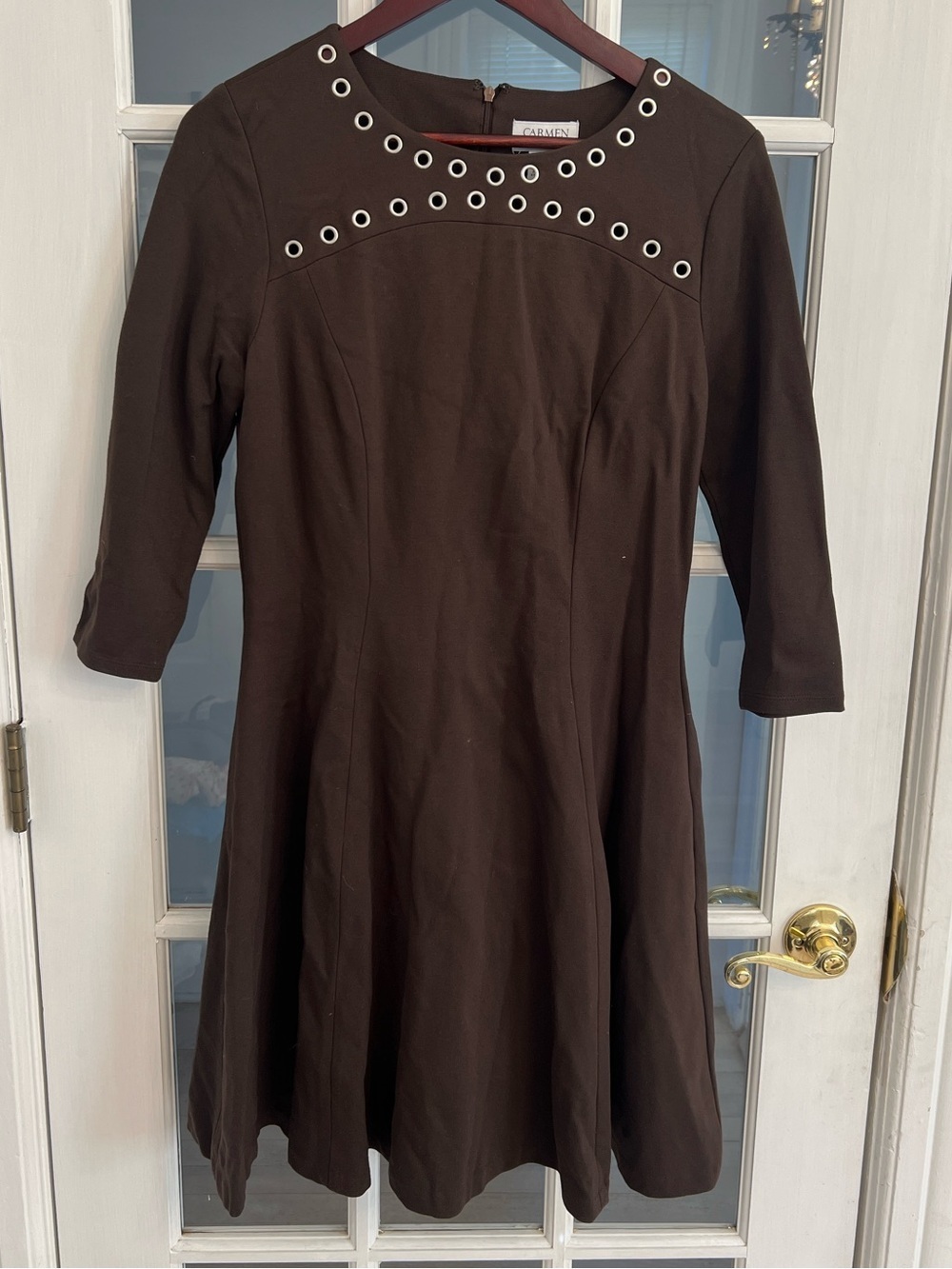 CARMEN MARC VALVO Women's Brown Eyelet Detail Long Sleeve Swing Dress Size 8